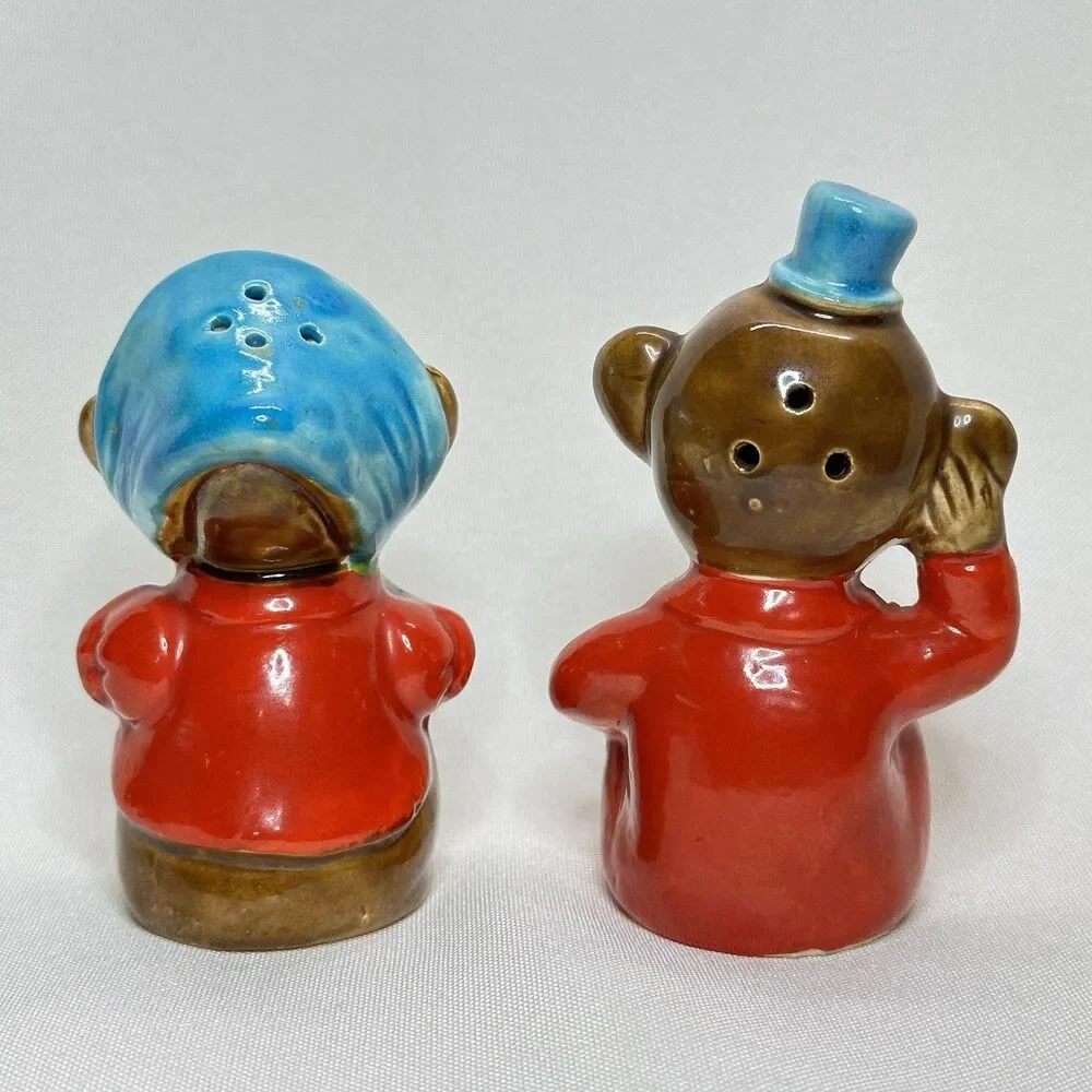 Vintage Japan Monkey Salt Pepper Shakers Ceramic Bonnet & Top Hat Pair Corks